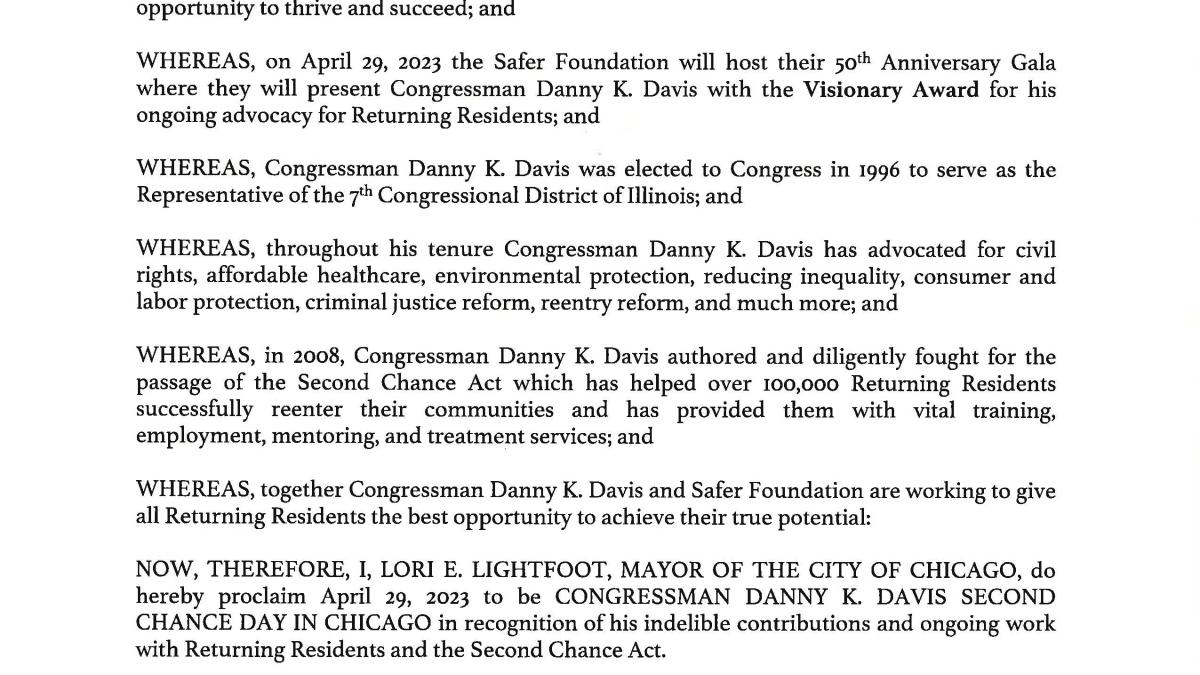 Mayor Lori E. Lightfoot Proclaims Congressman Danny K. Davis Second Chance Day in Chicago